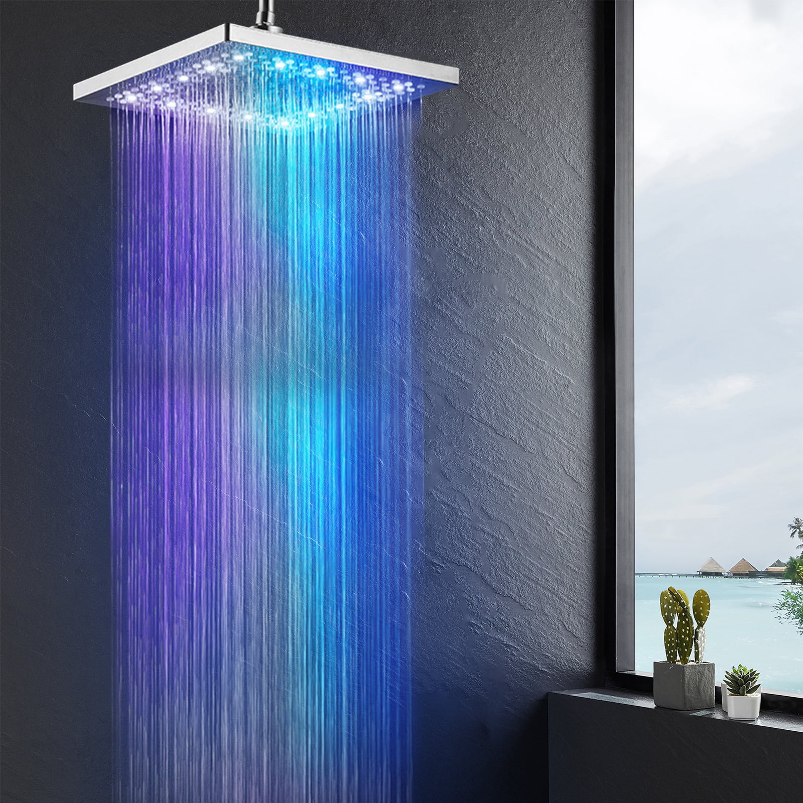 8 Inch LED Rain Shower Head, High Pressure Light Up Shower Head Color Changing with 7 Color Changing Automatically, Square Stainless Steel