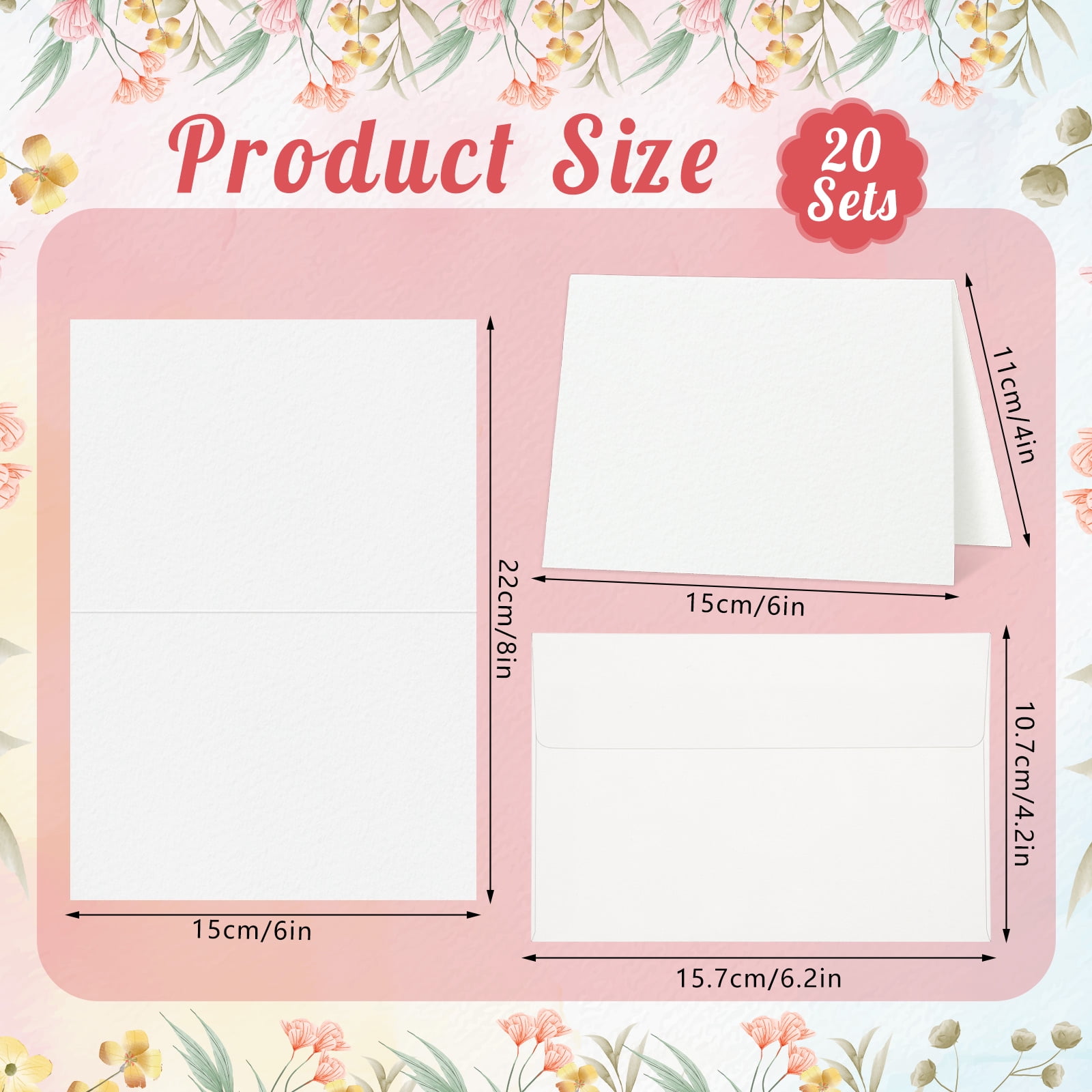 20 Sets Watercolor Cards with Envelopes, 140 lb/300 GSM Watercolor Paper, 4x6 Inch Foldable Blank Cards and Envelopes for Greeting Card, Wedding Invitations, Thank You Card