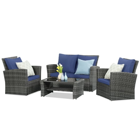 Superjoe 4 Pcs Outdoor Patio Furniture Sets, Wicker Rattan Conversation Set, Blue