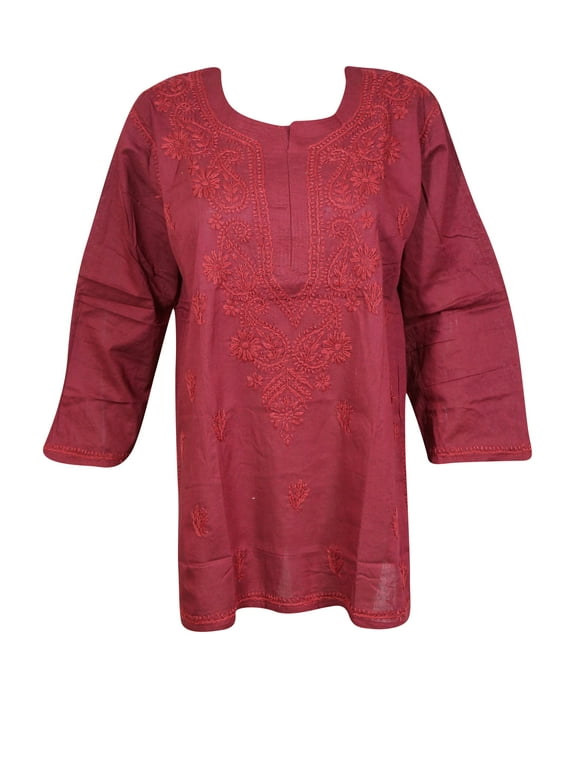 Pink Hand Embroidered Indian Cotton Tunic -M