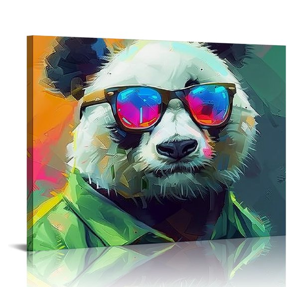 Acheng Funny Animal Canvas Wall Art, Colorful Panda Wearing Glasses Painting Picture Cute Animal Graffiti Poster Print for Bathroom Dining Room Decor pattern1
