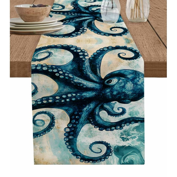 Teal Blue Octopus Table Runner 90 Inches, Summer Coastal Beach Wave Bed Runner Dresser Scarves Tabletop for Indoor Outdoor Parties/Ceremony/Banquet, 13" x 90"