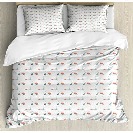 3 Piece Scooter - Motorcycle King Size Duvet Cover Set, Pastel Colored Mopeds and Scooters with Dots Going to Opposite Directions, Decorative 3 Piece Bedding Set with 2 Pillow Shams, Salmon Seafoam, by Ambesonne