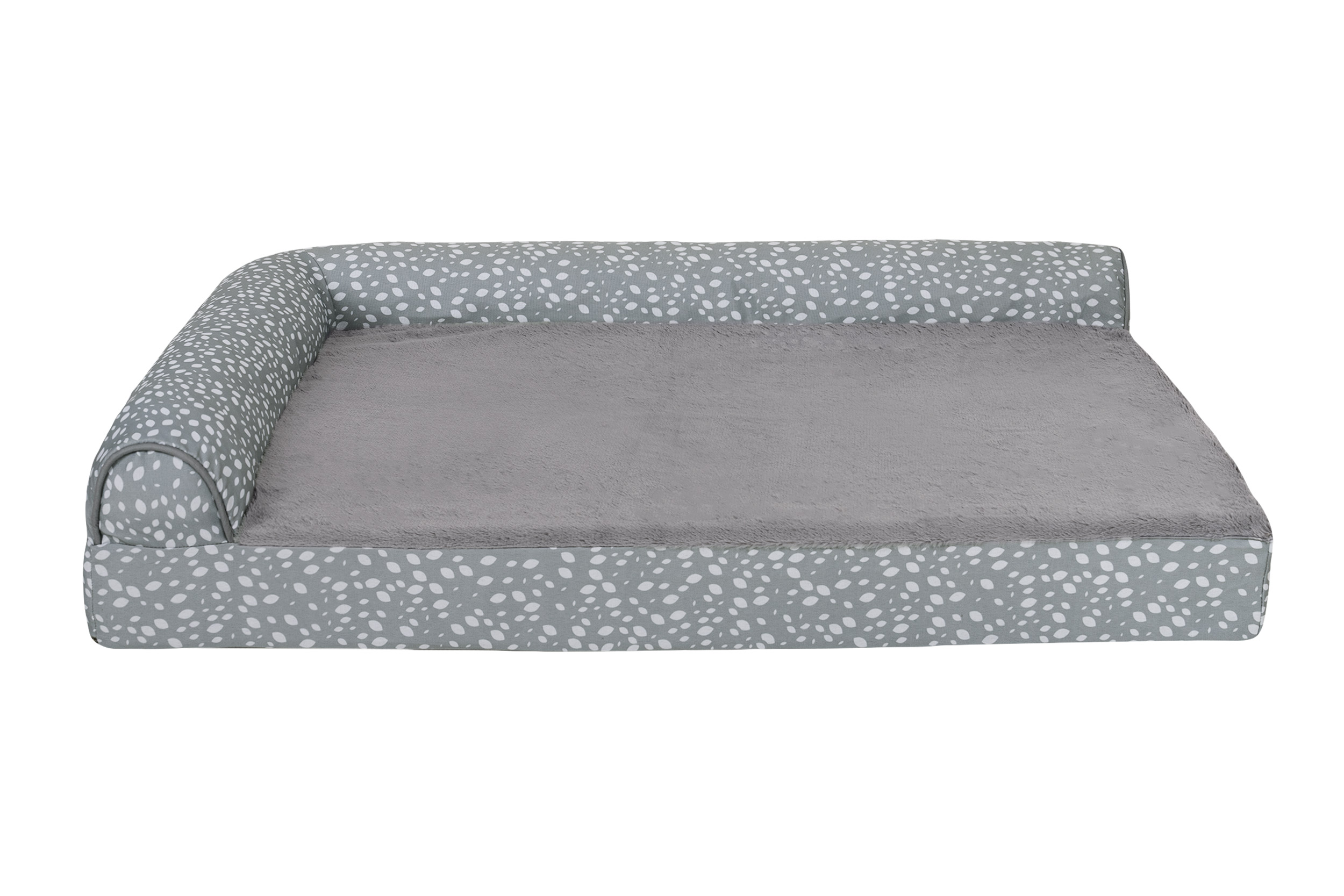 FurHaven Pet Products Plush Faux Fur & Almond Print Orthopedic Deluxe L-Chaise Sofa Pet Bed for Dogs & Cats - Gray Almonds, Jumbo Plus