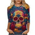 thumbnail image 2 of Xdegoge Womens Sugar Skull Graphic Tees Long Sleeve Crewneck Casual Tops Day Of The Dead Print Loose Fit Shirts Fall Festival Holiday Novelty Blouses, 2 of 5