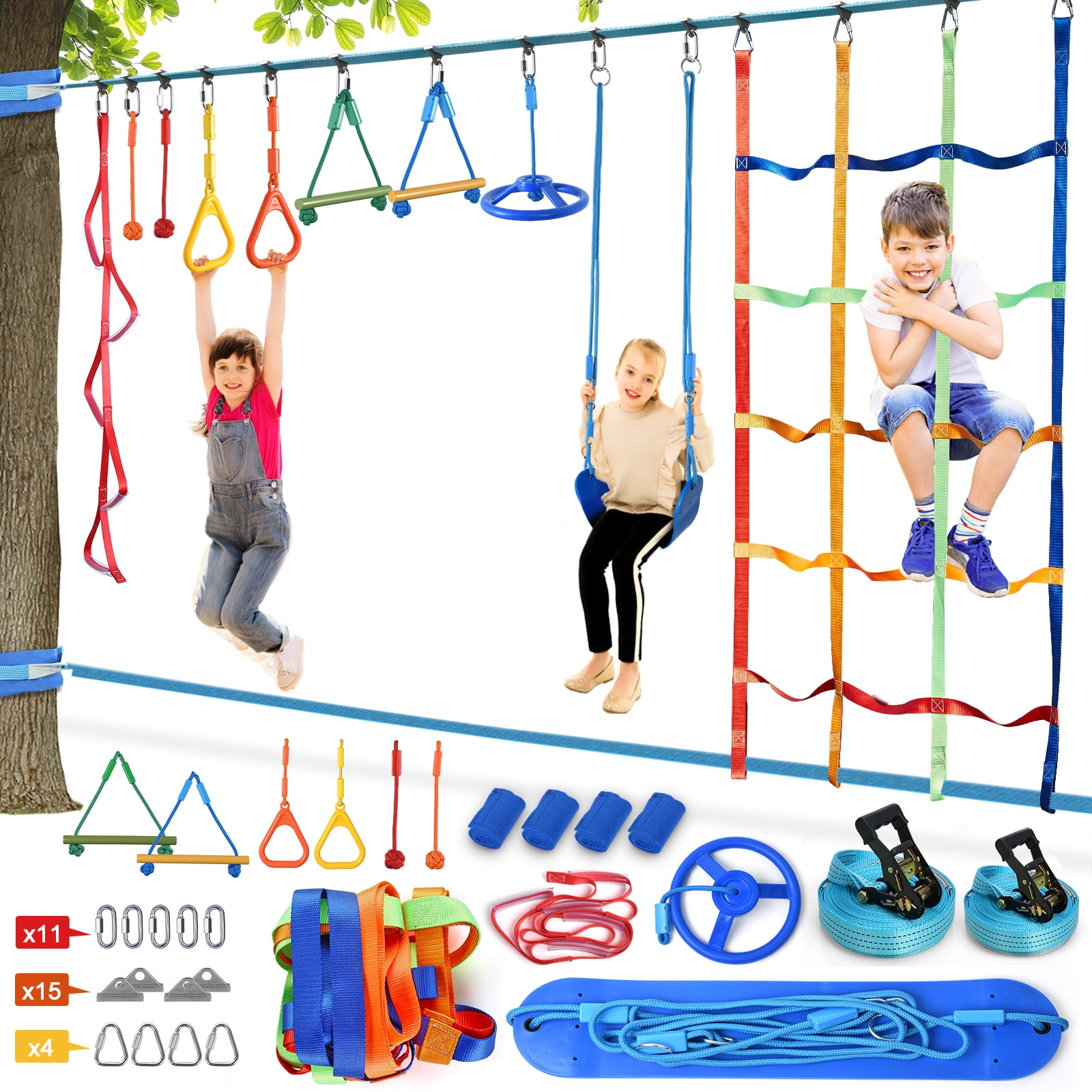 Ninja Warrior Monkey Bar Kit 59 Foot Kids Slackline Hanging Obstacle Course Set 