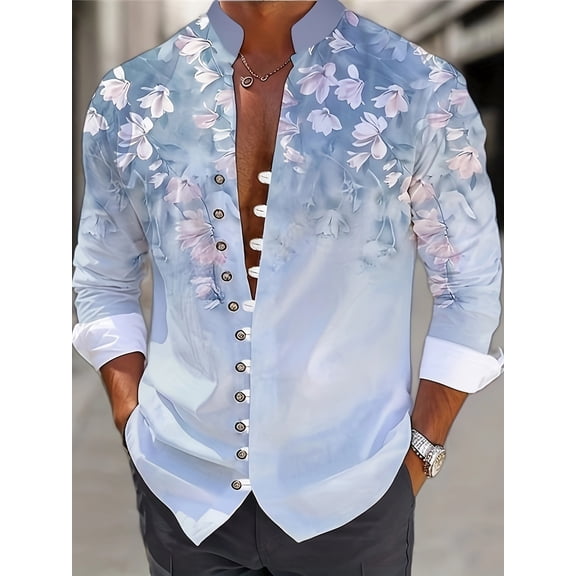 Men's Casual Long Sleeve Button Down Floral Shirt Hawaii Beach Fashion Printed Shirts Light blue L