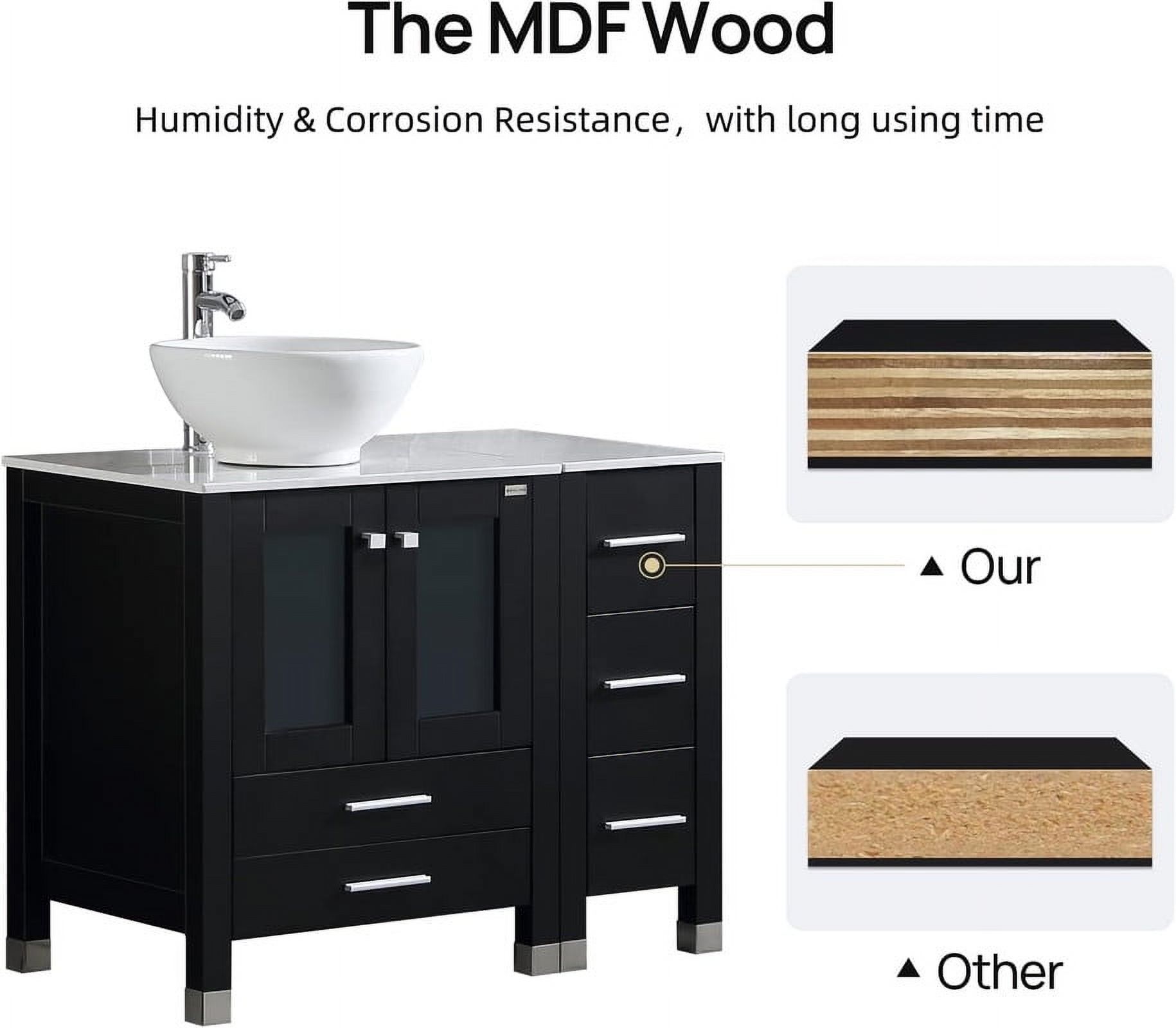 Wonline 36" Luxurious Bathroom Vanity and Sink Combo Wood Cabinet Top Round Ceramic Vessel Sink Faucet Drain Combo with Mirror Vanities Set,Black