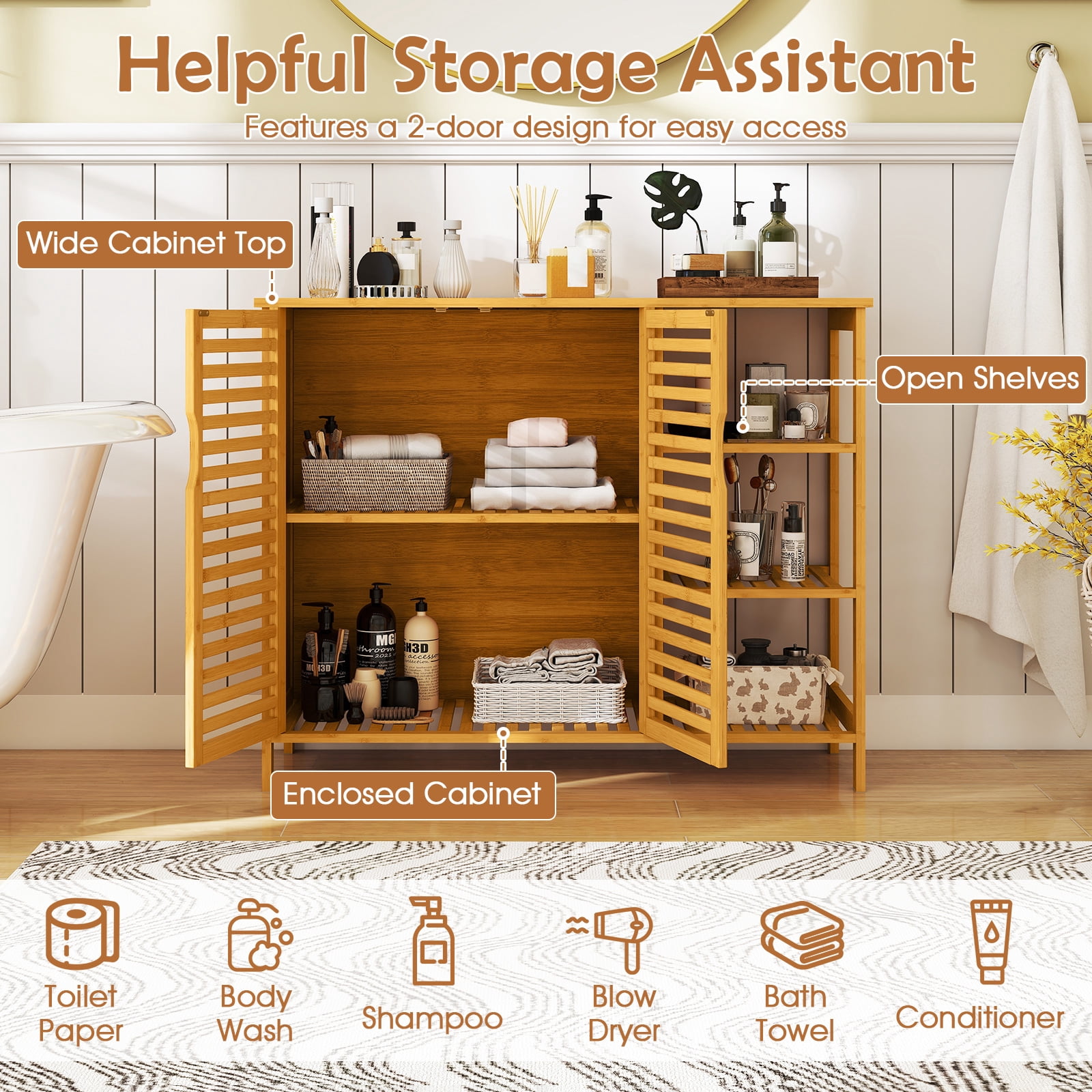Giantex Bamboo Bathroom Cabinet, Freestanding Storage Unit w/3-tier shelf, 2-Door Storage Organizer Slatted Floor Cupboard