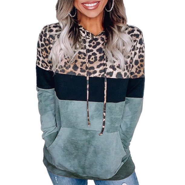 SIDEE - Women's Leopard Print Shirts Loose Tops Hooded Long-Sleeved