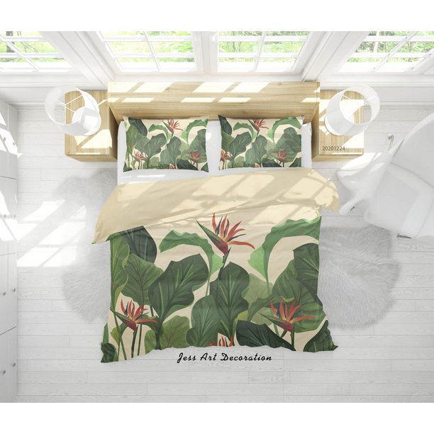 3D Tropical Verde Planta Floral Funda de edredón Set Ropa de Cama Set Funda Nórdica