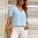 thumbnail image 3 of Top de jacquard con mangas abullonadas y escote en V en azul cielo, camiseta informal de corte holgado - Talla M Summer Chic, 3 of 8