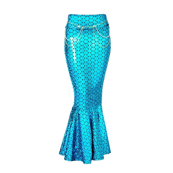 TiaoBug Women's Metallic Mermaid Maxi Long Skirts Halloween Fishtail Ruffle Skirt with Waist Chain Blue S