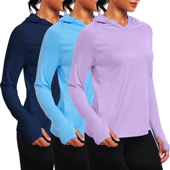 NELEUS Womens UPF 50 Workout Long Sleeve Shirt Sun Protection Breathable Hooded with Thumb Holes,Navy Blue Blue Purple,US Size L
