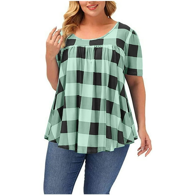 Lenpel Hauts pour Femmes Grande Taille Été Manches Courtes Col Ras du Cou devant Plissé Carreaux T-Shirts Décontractés Tunique Ample Tee Blouses