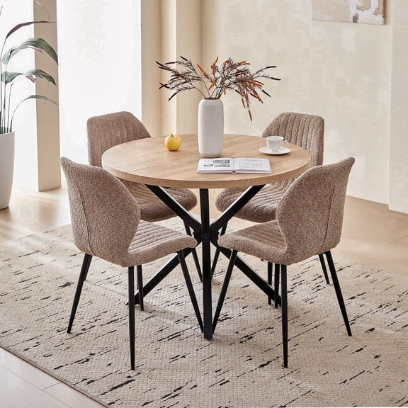 39" Round Dining Table Set for 4, Mid Century Kitchen Table with 4 Brown Upholstered Dining Chairs for Apartment Living Room Space Saving,Natural Table