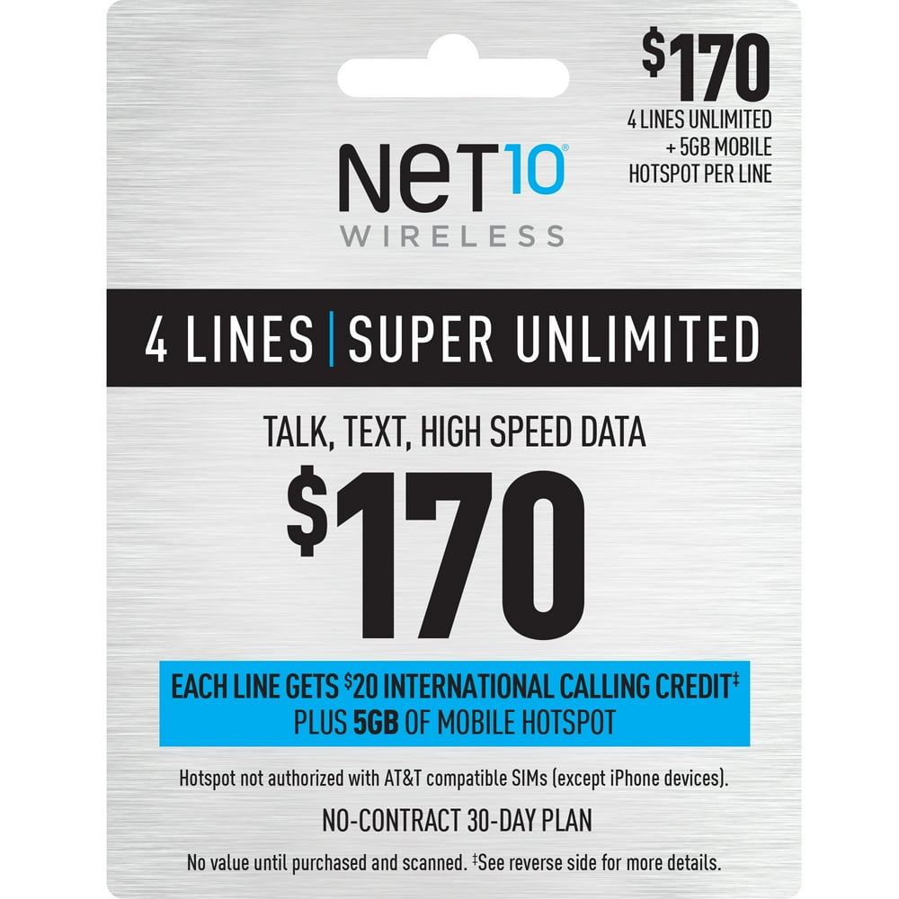 Net10 170 Super Unlimited Family & Friends 30Day Plan for 4 Lines w