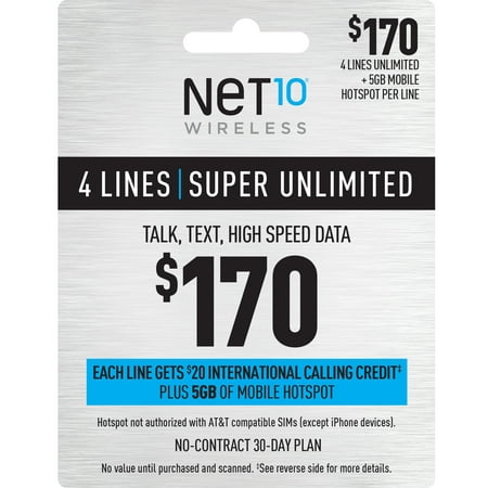 NET10 Wireless $170 Super Unlimited Family & Friends 30-Day Plan for 4 Lines w/ $20 Int'l Calling Credit + 5GB of Mobile Hotspot e-PIN Top Up (Email Delivery)