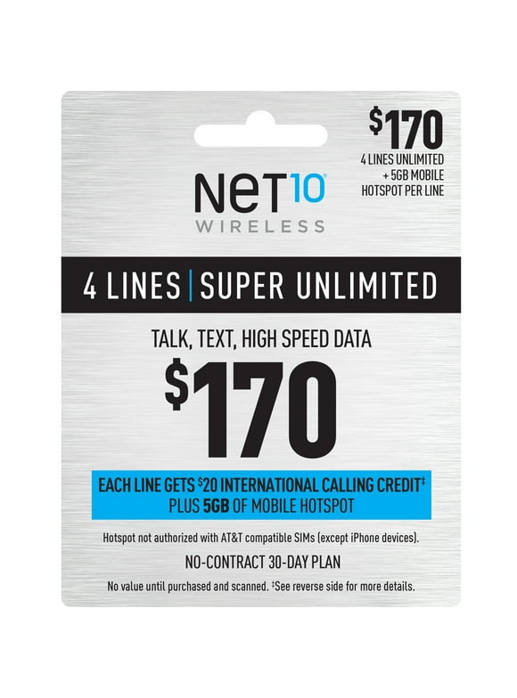 NET10 Wireless $170 Super Unlimited Family & Friends 30-Day Plan for 4 Lines w/ $20 Int'l Calling Credit + 5GB of Mobile Hotspot e-PIN Top Up (Email Delivery)