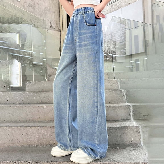 Kids Girls' Fashion Jeans Elastic High Waist Wide Leg Pants for Teens Cute Pants 12-13 Years Girls Fashion