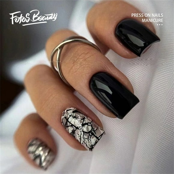 Fofosbeauty 24pcs Press on False Nails,Fake Nails for Gifts,Coffin Sweet Cool Cracks Black