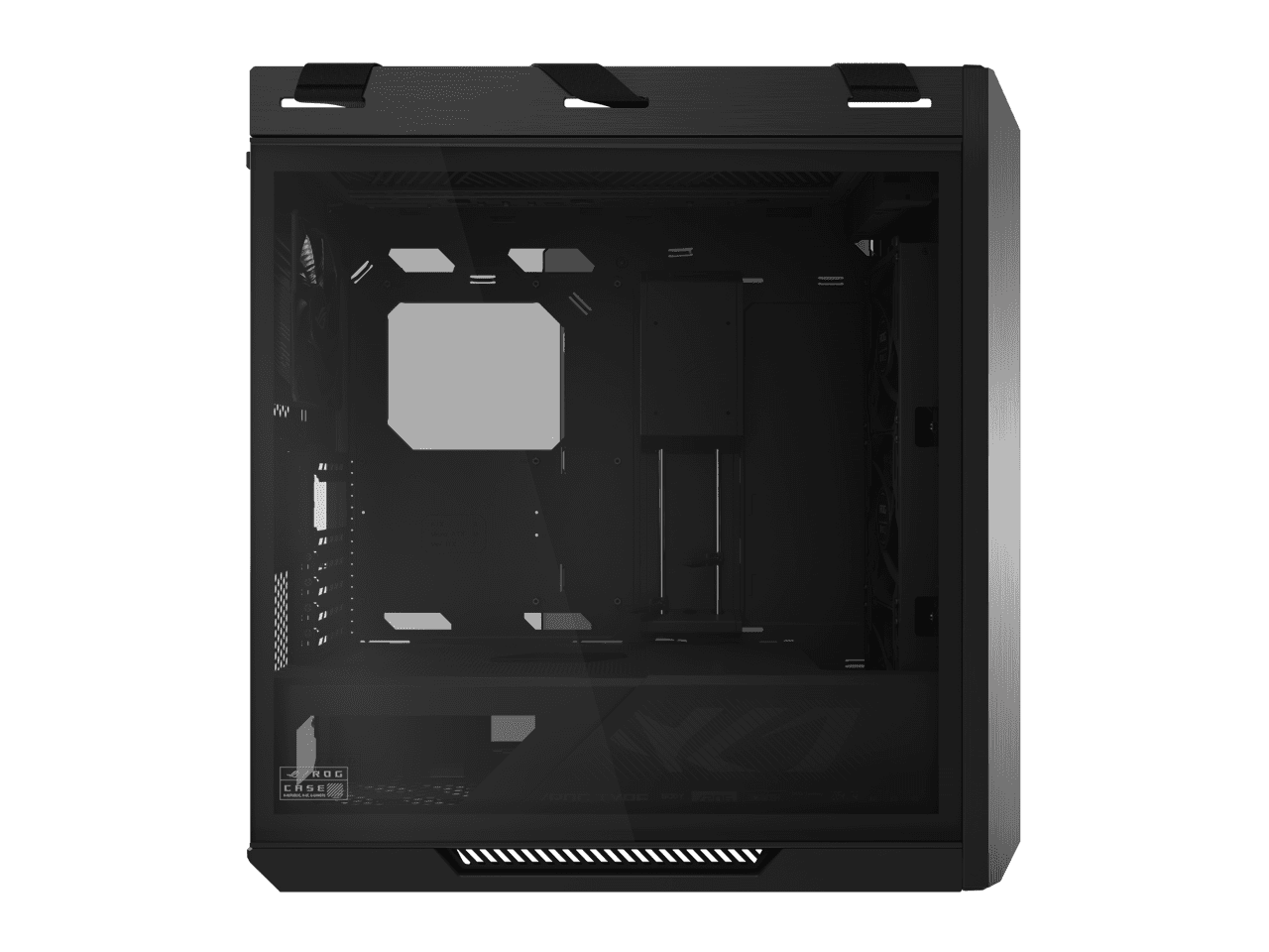 The ASUS ROG Strix Helios II is an EATX mid-tower gaming PC case featuring dual tempered glass panels and an aluminum diamond-grille design, four pre-installed fans for advanced cooling, and support