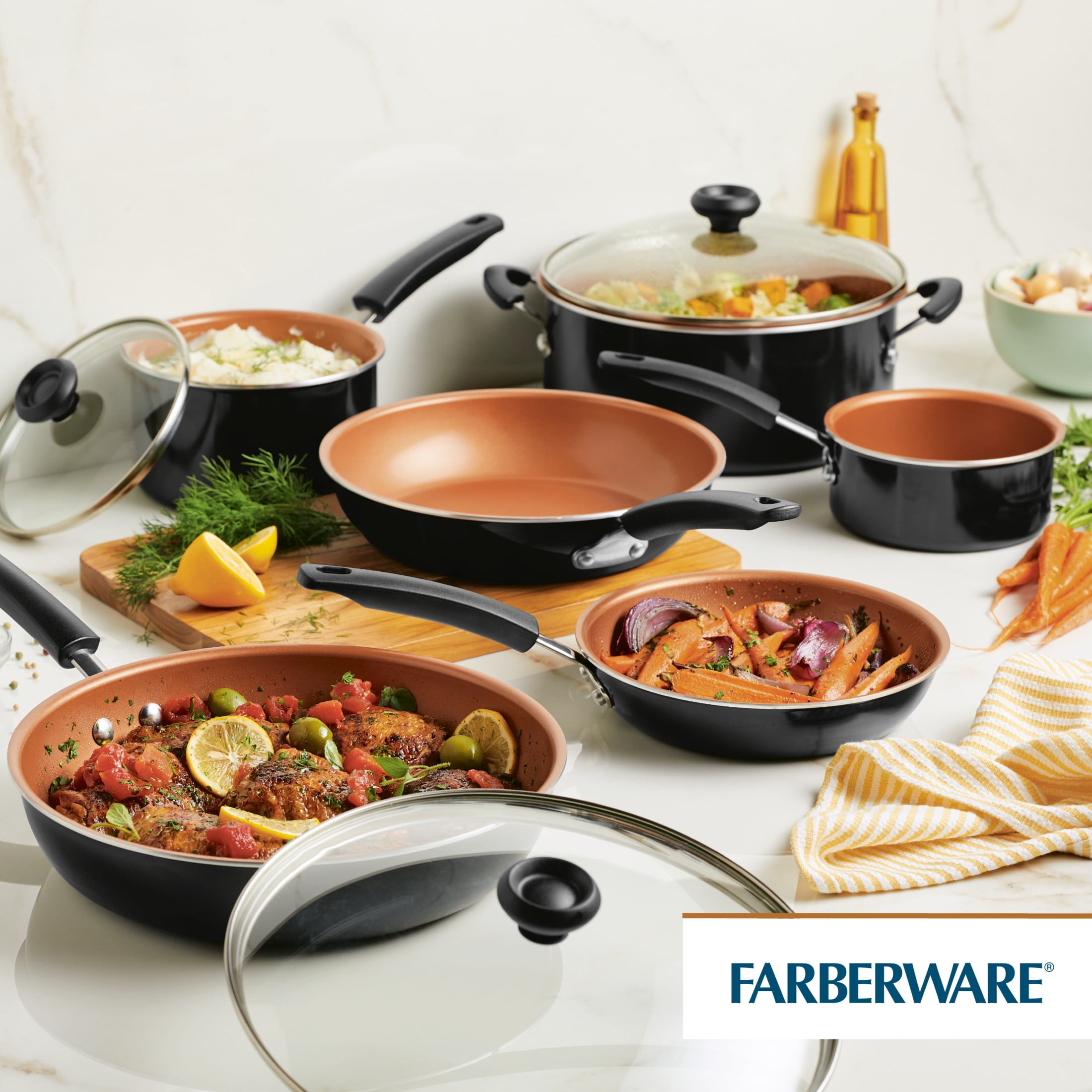 Farberware Easy Clean 14 Pcs Ceramic Nonstick Cookware Set with Cooking Tools, Dishwasher Safe, Black