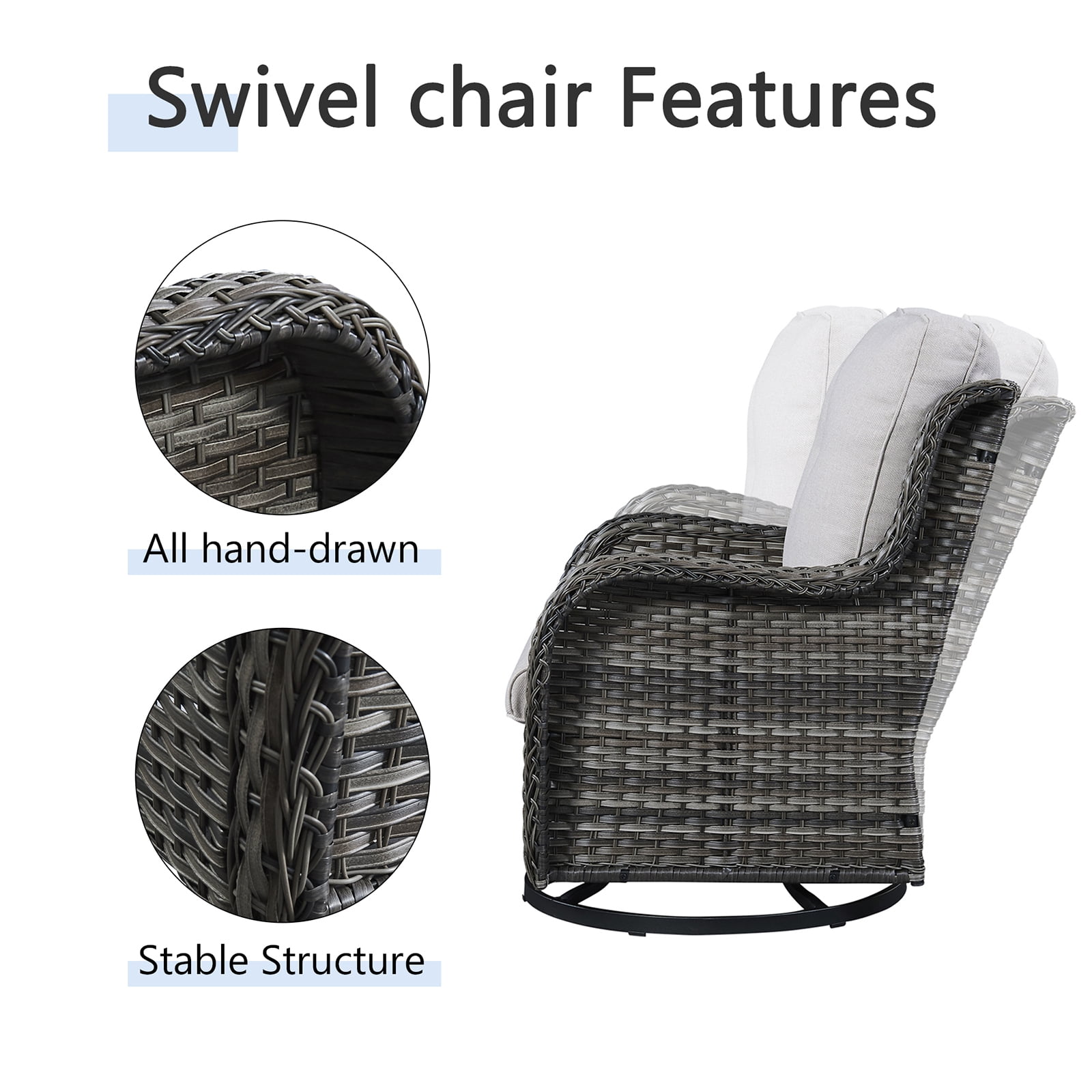 POCASSY 3 Piece Patio Set Outdoor Wicker Glider Rocking and Swivel Chairs with Side Table and Cushions - Patio Wicker Bistro Furniture Set, Gray Rattan & Beige Cushion