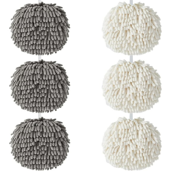 6 Pack Chenille Hand Towels, Hanging Soft Absorbent Quick Dry Fuzzy Ball Hand Towels , Fluffy Hand Towel Dry Hands Instantly for Bathroom Kitchen (White and Grey)