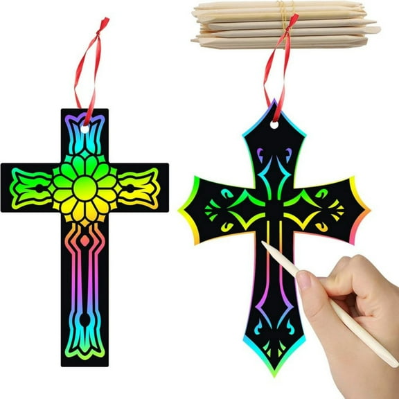MALLMALL6 Rainbow DIY Scratch Cross Ornaments Craft Kit , Making Art Rainbow Color Craft ,60 Piece