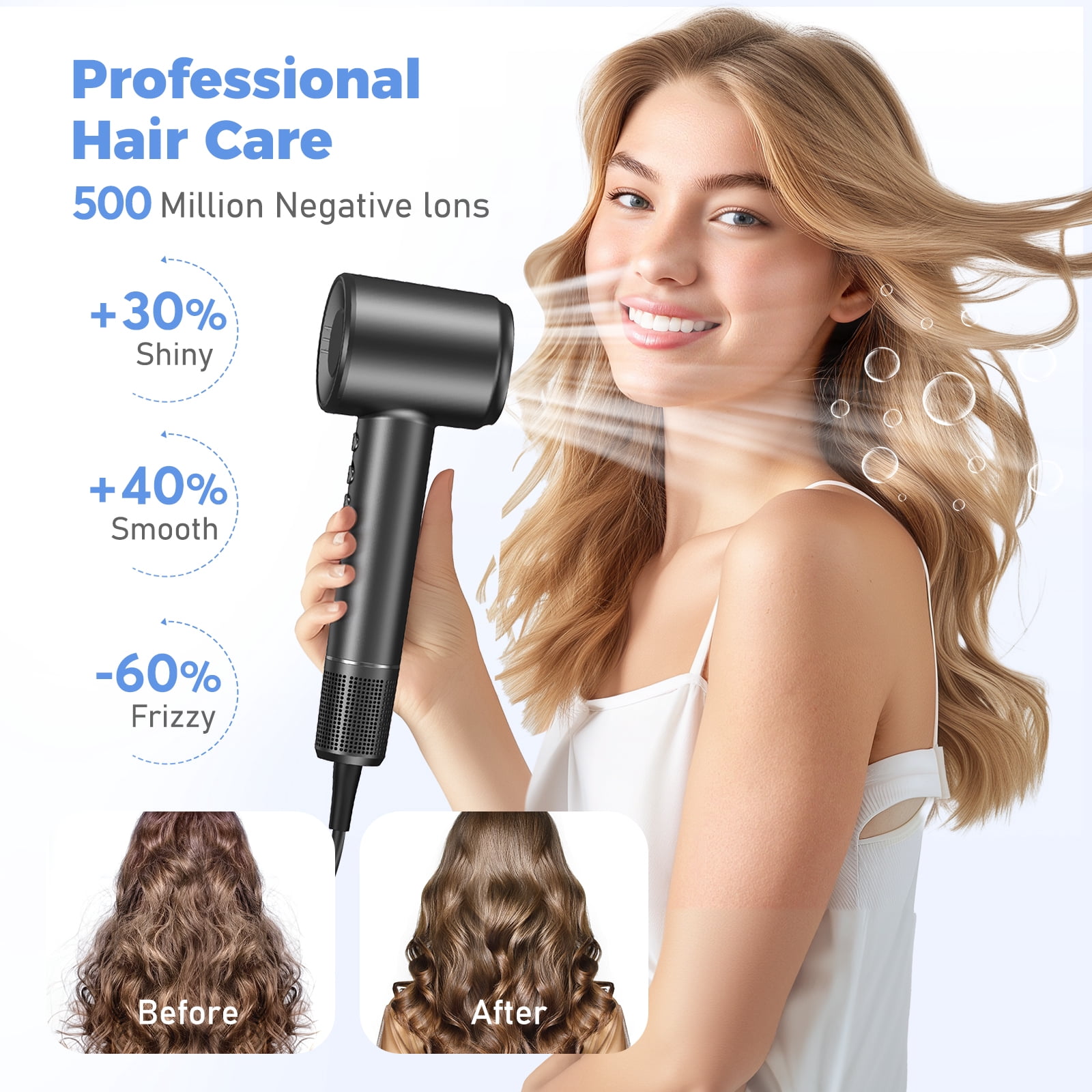 High Speed Hair Dryer-Bopcal Negative Ionic Blow Dryer for Hair Care,3 Speeds & 4 Temps,for Home, Travel and Gift Choice(Black)