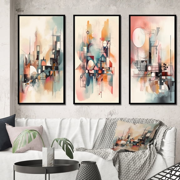 Designart "Serenity Explored Abstract Art III" Modern Geometric Framed Wall Art Set Of 3 - Red Abstract Frame Gallery Set For Office Decor