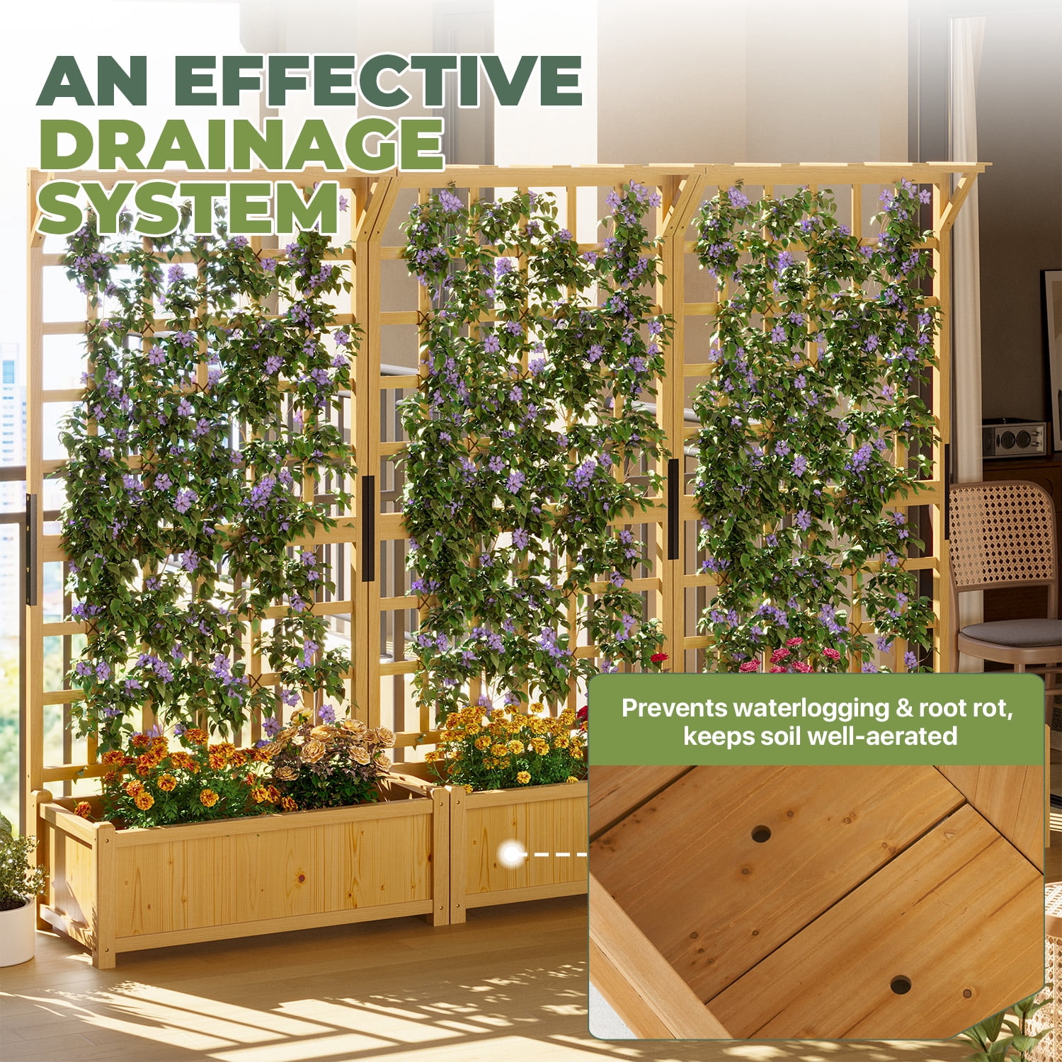 BaPiPro Yellow-Brown Tall Wood Planter Box with Trellis - 36" Raised Garden Bed with Hanging Roof, Outdoor Elevated Planter for Climbing Plants, Flowers - 3-Pack for Patio, Balcony