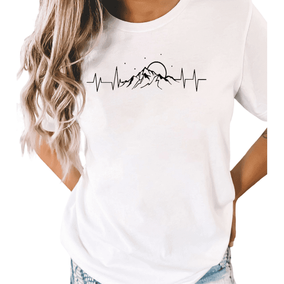 UNISHE Women's Mountain Sunset Heartbeat Line Art Graphic Short Sleeve T-Shirt Casual Cotton Crewneck Top
