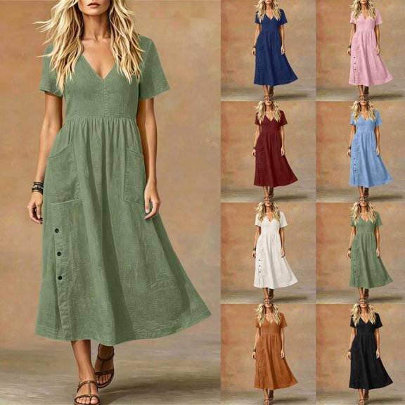Bxsruta Women's Casual V Neck Short Sleeve Midi Dress with Pockets a Line Flowy Smocked Waist Side Buttons Fit and Flare Pull on Breathable Summer Everyday Dress