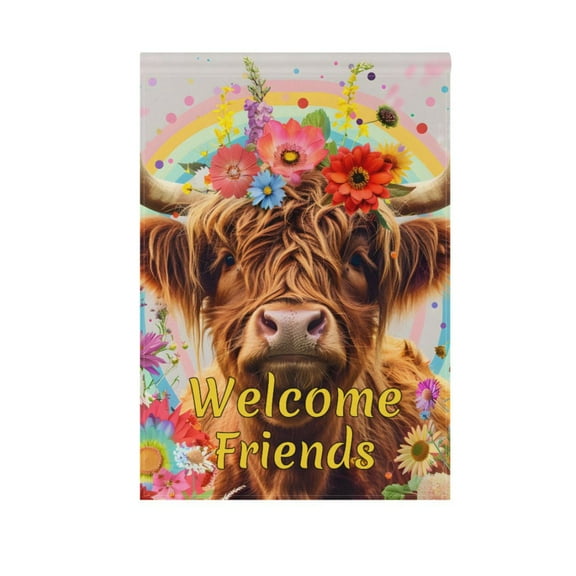 Highland Cow Flowers Rainbow Garden Flag House Banner 12" x 18" Double Sided Outdoor Yard Decoration