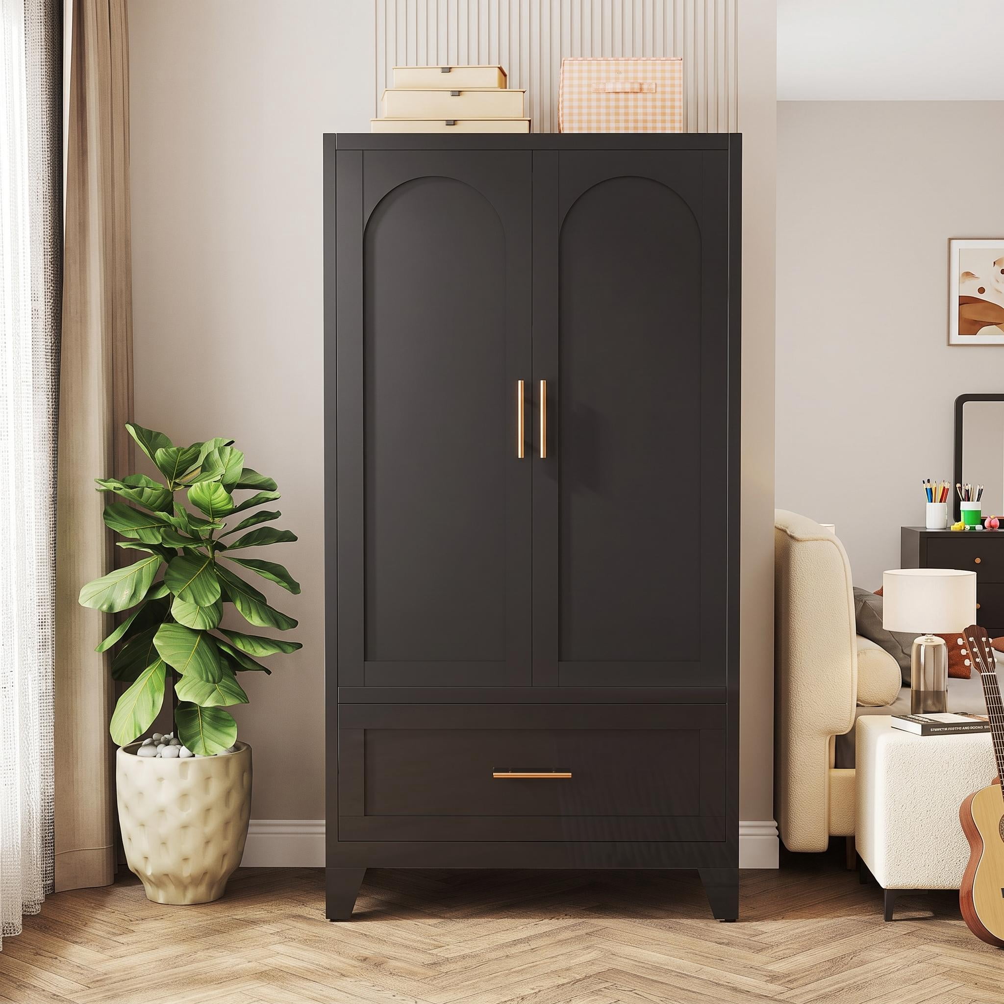 Homy Casa 60" Black Freestanding Armoire Wardrobe Closet with Doors, Drawer for Bedroom,Apartment Living