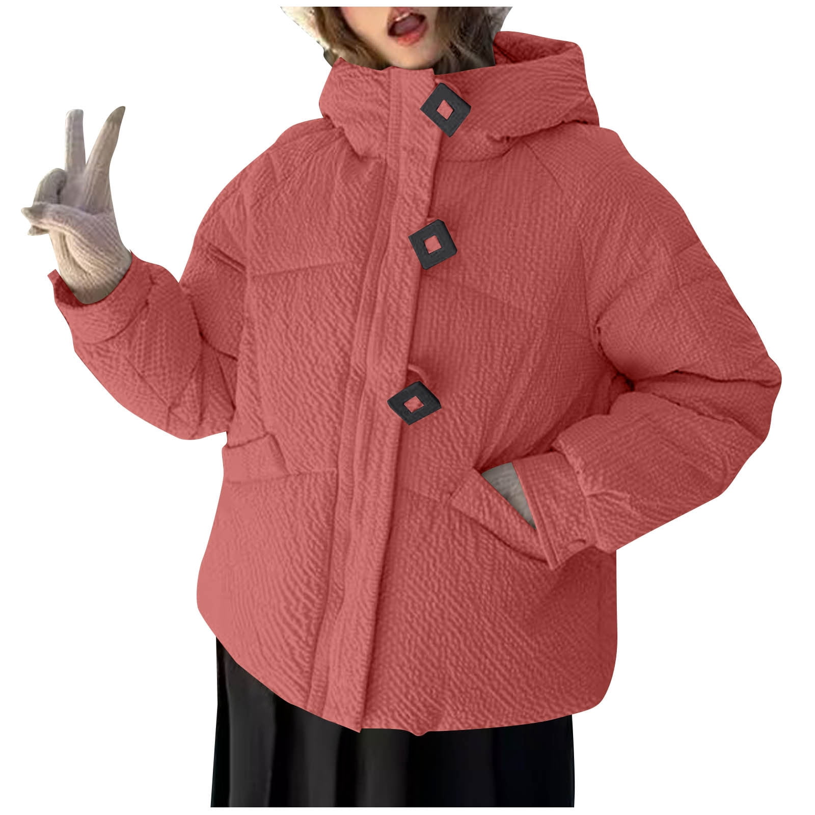 Dvprdro Women's Casual Hooded Long Sleeve Puffer Jacket Winter Buttons Zip Front Quilted Coat with Pockets