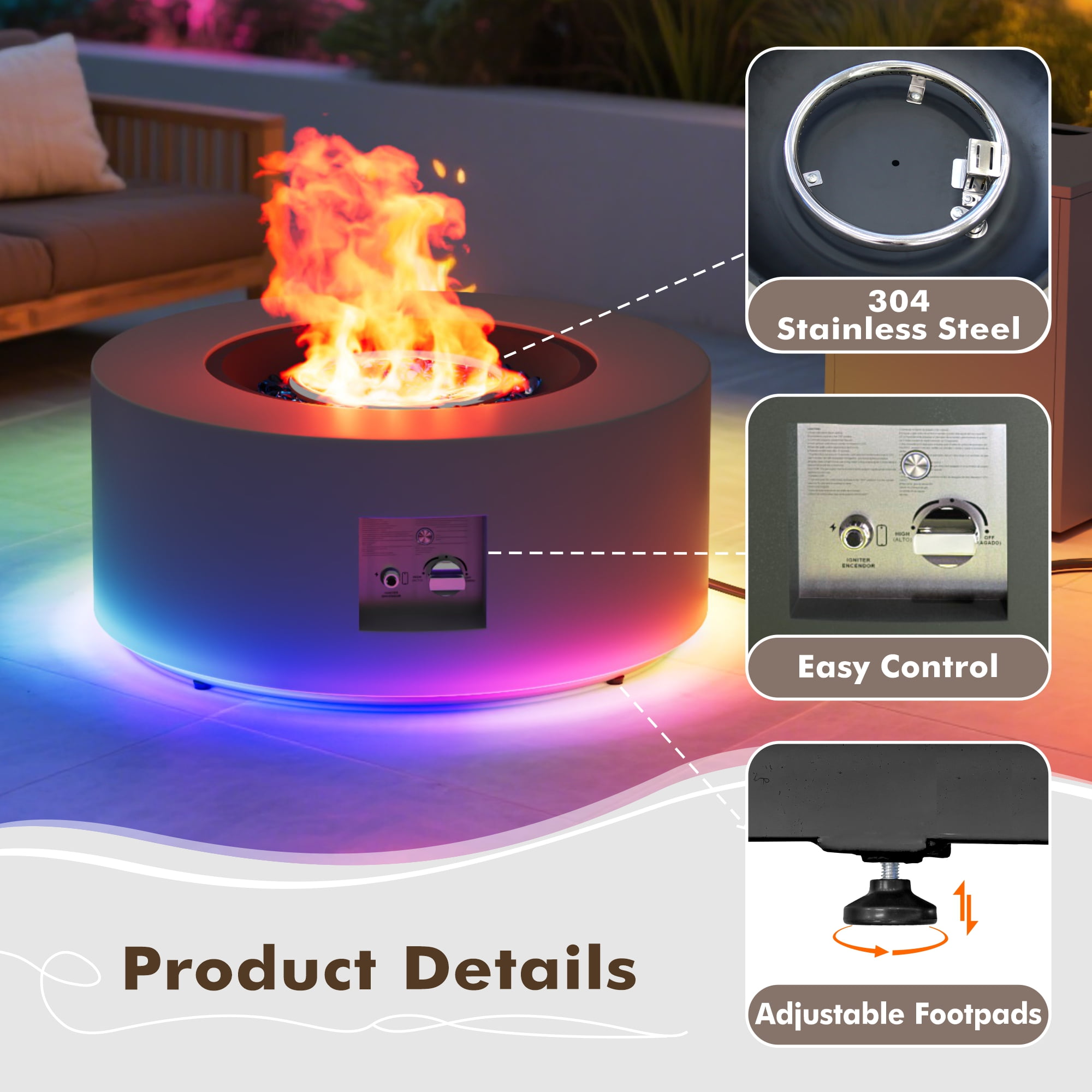30 in. Round 50000 BTU Coating Steel Outdoor Fire Pit Table with Tank Holder, LED Light, Cobalt Blue Beans,Gas Fire Pit Table for Outside