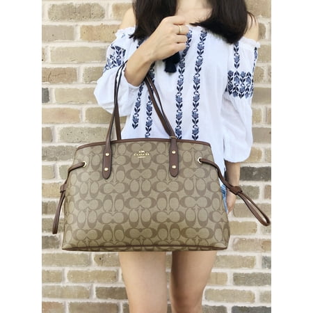 - Coach F57842 Signature Drawstring Carryall Tote Khaki Brown Satchel Large