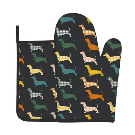 

Xecao Plaid Dachshund Pattern Oven Mitts and Pot Holders Sets Heat Resistant Silicone Oven Mittens Extra Thicken Long Kitchen Cotton Oven Glove for Cooking