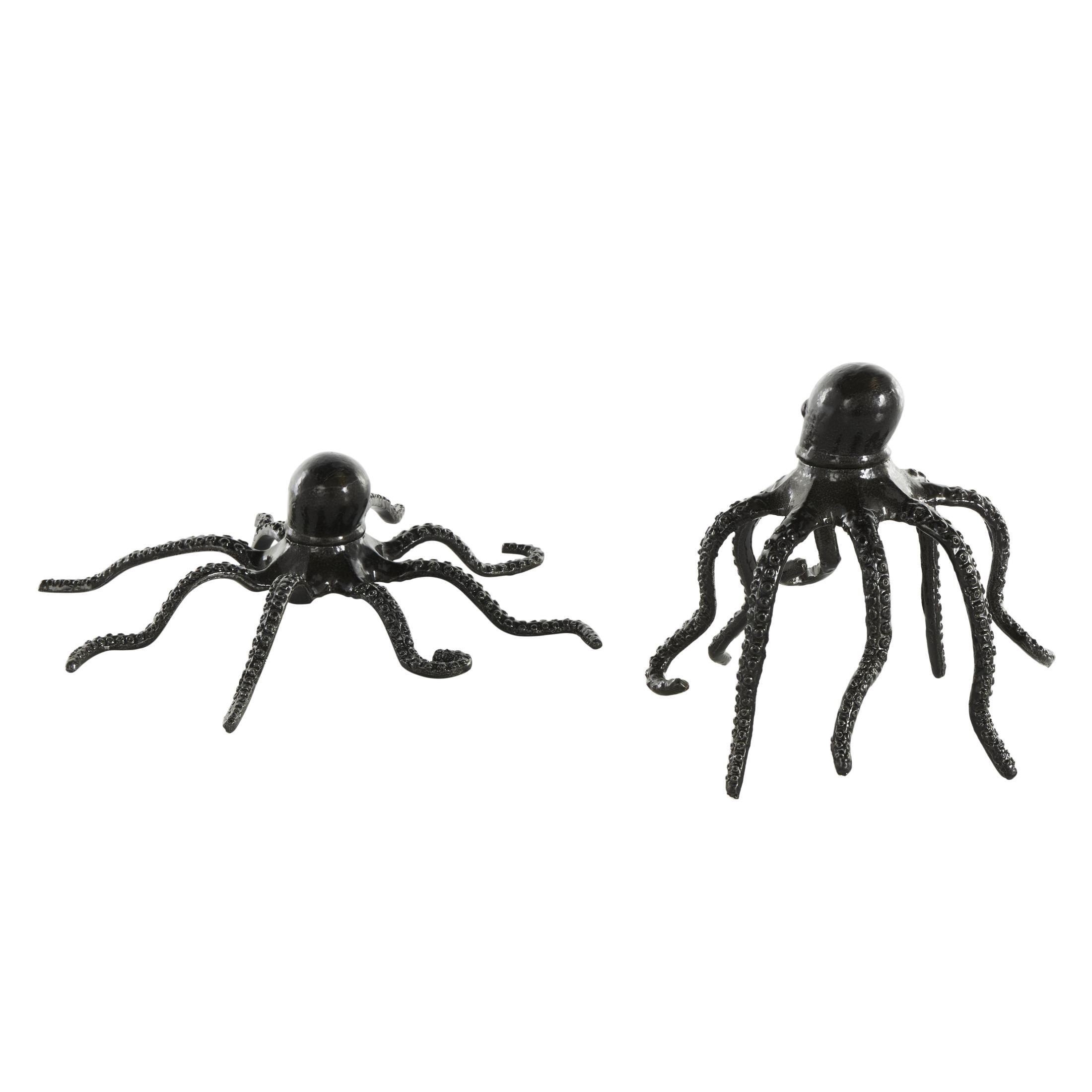 7", 3"H Black Aluminum Metal Octopus Sculpture with Textured Tentacles, by DecMode (2 Count)