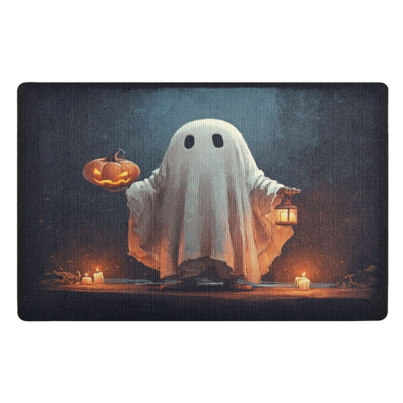 32x20 Inch Doormat Indoor Entrance Mat Entrance Welcome Mat Outdoor Mats for Front Door Cute Ghost with Pumpkin in Hand