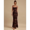 thumbnail image 3 of Coffee Brown Floral Embroidered Spaghetti Strap Maxi Dress For Elegant Evening Occasions, 3 of 6