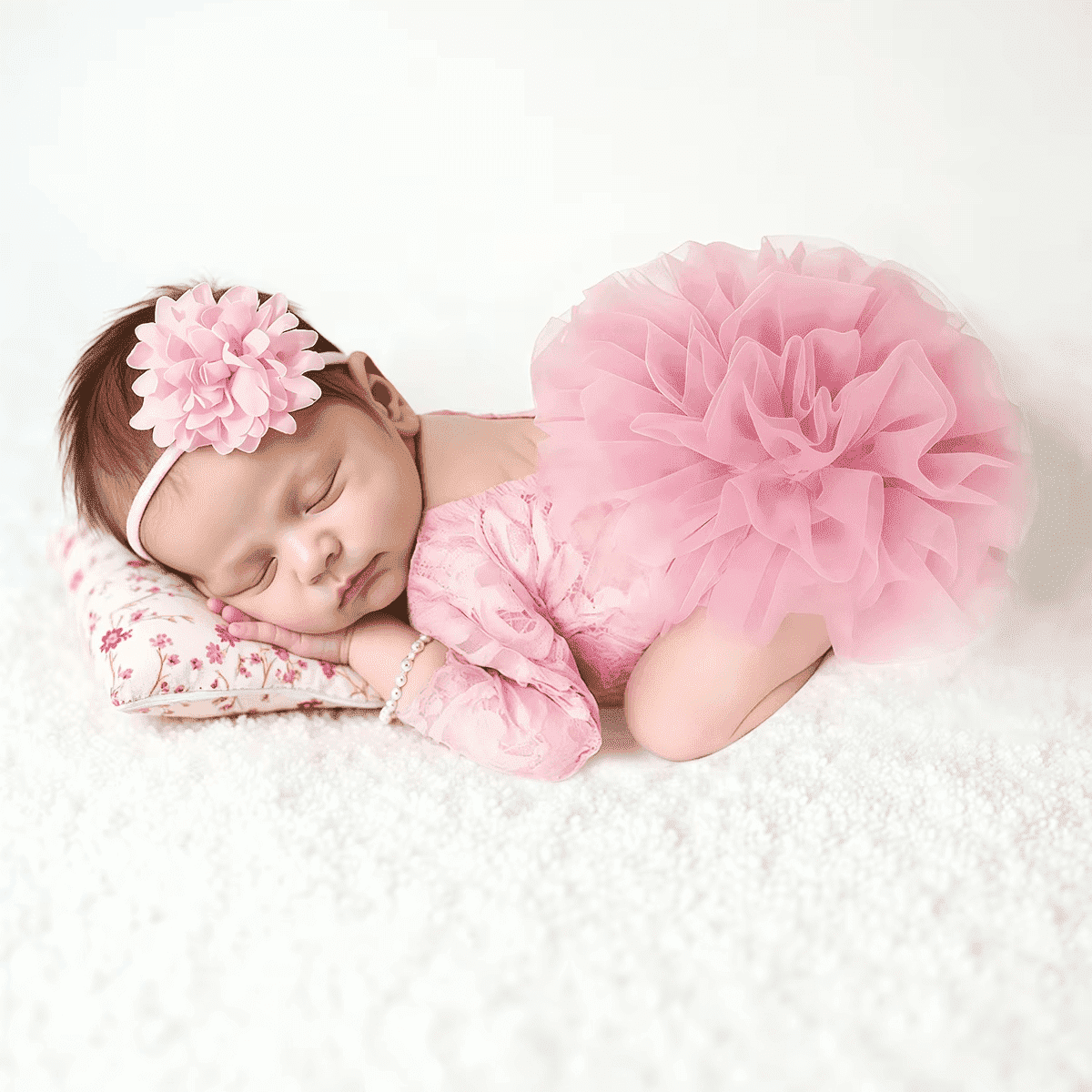 Ylsteed Newborn Photography Outfits Pink Lace Romper Fluffy Mesh Girls Dresses with Headband Baby Props Clothing 0-3 Month
