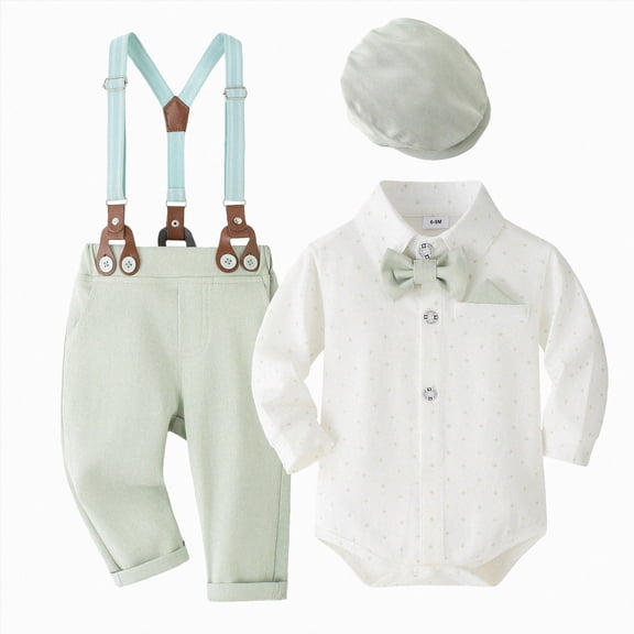 6-9 Months Infant Baby Boy 3Pcs Long Sleeves Gentleman Outfit Clothes Sets With Hat 0 3 6 9 12 18 Months Formal Bowtie Romper Suspender Pants Wedding Dress Suits Newborn Outfits Set,Blue