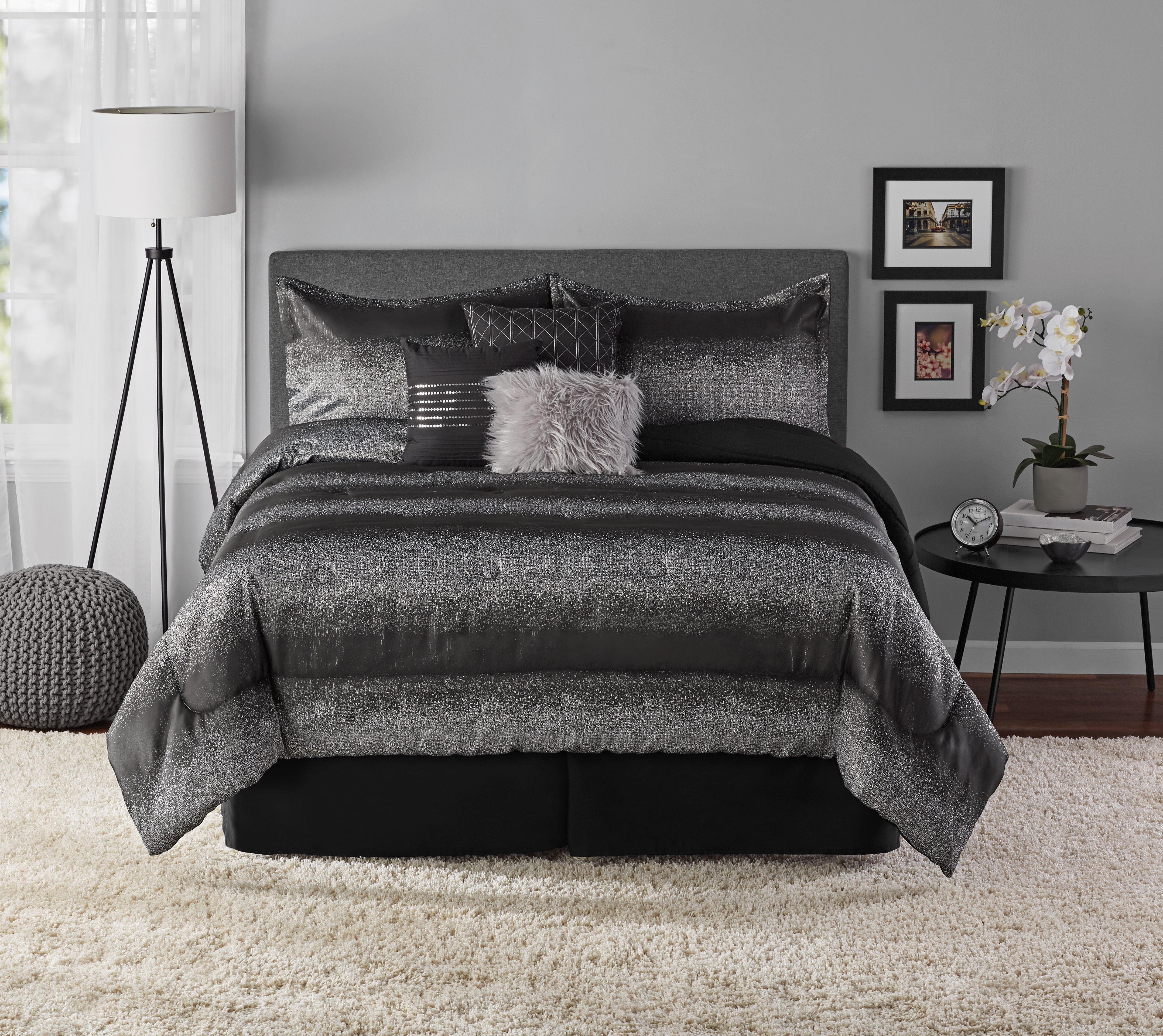 black and silver bedding with matching curtains