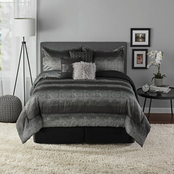Mainstays 7-Piece Metallic Stripe Jacquard Comforter Set, Black and Silver, King