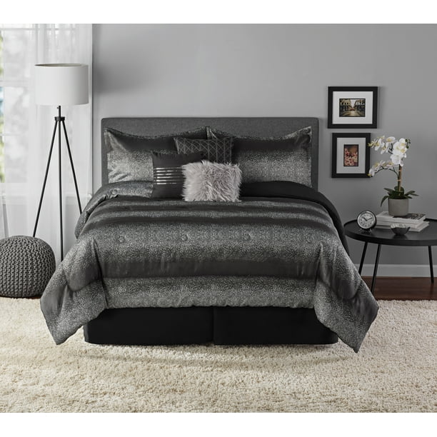 Mainstays 7 Piece Ombre Metallic Stripe, Black And Silver Super King Size Bedding