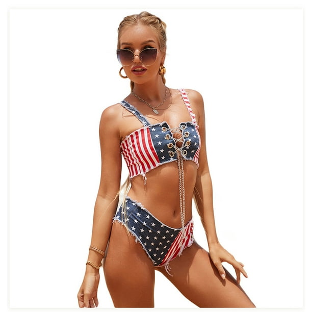 Women's Sexy American Flag Denim Bikini Set Bra and Jeans Shorts for July  4Th 